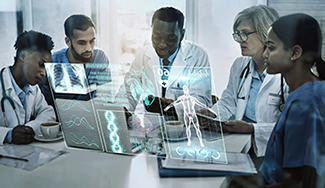 A team of medical professionals, including doctors and nurses, is gathered around a table in a clinical setting, analyzing patient data disaplyed on a futuristic holographic interface. The holograms show medical scans, DNA sequences, and a human body diagram, indicating an advanced discussion on diagnostics or treatment planning.