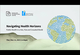 A graphic with a globe promoting the Navigating Health Horizons: Public Health in a Hot, Flat and Crowded World