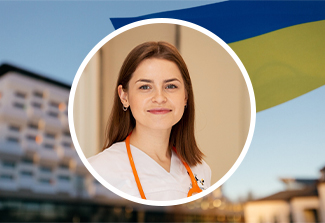 Circular image of Dr. Yaryna Pikulytska with a photo of Ukrainian Flag in the background 