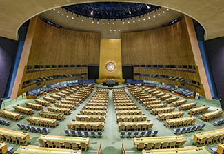 This photo shows an unoccupied United Nations General Assembly room,  designed in sage green and gold.