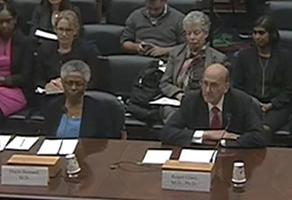 Screen capture of Dr. Marie Bernard and Dr. Roger Glass testifying before the House subcommittee