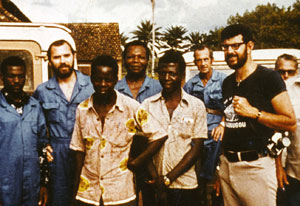 1976 archive photo showing Ebola research team in Zaire, 8 African and American researchers and medical workers pose for camera