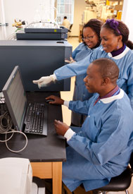 Male medical worker in blue lab coat seated in front of computer, two women standing behind look over his shoulder