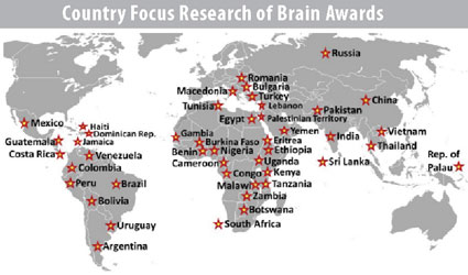 World map with indicators for countries that have been the focus of Fogarty global brain disorders program research