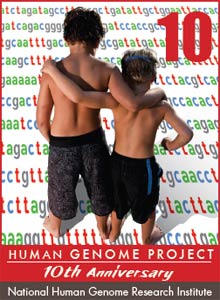 Two boys with backs to camera, arms around each other, look at strings of colored genetic code, Human Genome Project 10th Anniversary