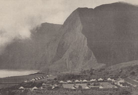Black and white photo of leprosy colony on island of Molokai, Hawaii, high mountains next to sea, many dwellings grouped togethe