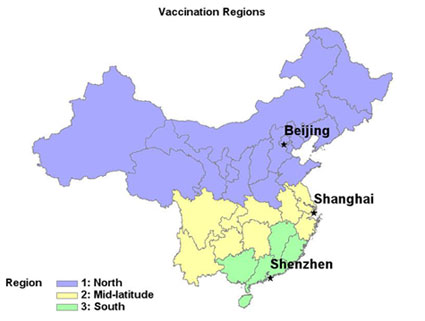 Map: China flu vaccination recommendations by region by color, full description immediately following image