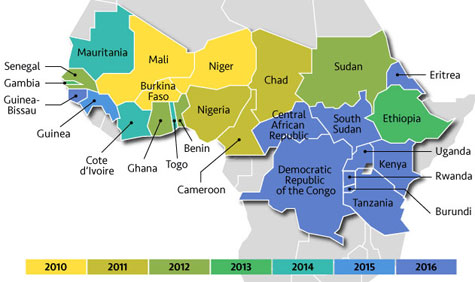 Map of Africa's meningitis belt, countries colored to indicate year MenAfriVac rolled out 2010 to 2016, full description follows