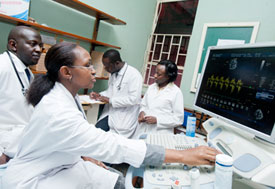 Medical workers in white coats, one adjusts computer with large monitor