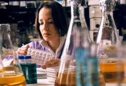 Woman researcher closely observes samples in dish, many vials of liquid in foreground 