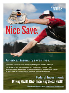 Baseball player dives, catching a bottle of medicine in his glove. Ad reads, Nice Save. Federal investment: Driving Health R&D..