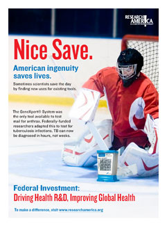 Hockey goalie blocks a research test kit. Ad reads, Nice Save. Federal investment: Driving Health R&D, Improving Global Health
