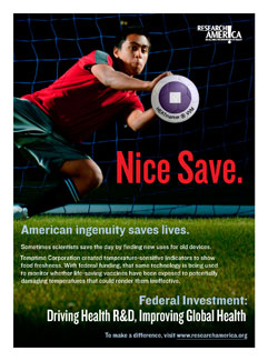 Soccer goalie dives to catch a temperature gauge. Ad reads, Nice Save. Federal investment: Driving Health R&D...