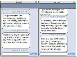 Two screen captures of a mobile device showing supportive and encouraging text messages directed to someone quitting smoking