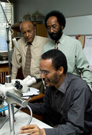 Three men in dress shirts in office gather around a microscope