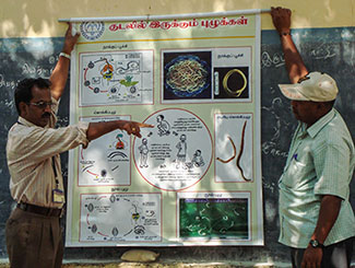 Male researcher presents poster on infectious disease