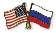 Close up of lapel pen with U.S. and Russian flags