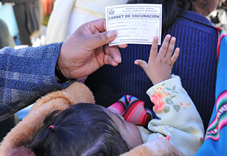 Close up of adult holding completed vaccination card, labeled carnet de vacunacion, above young child.