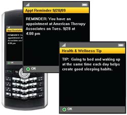PHOTO: cell phone with screen shots of appointment reminder and health & wellness tip