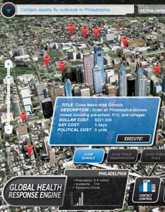 GRAPHIC: screen capture of a video game, showing a graphic of a map of a city, red arrows pointing to points in the city