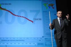 Dr Rosling stands, speaking and gesturing, in front of projected slide showing bubble graph