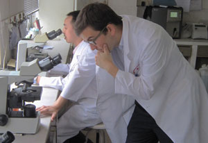 Photo: Dr Tucker in white lab coat bends down to review a slide under a microscope, another researcher seated in the background