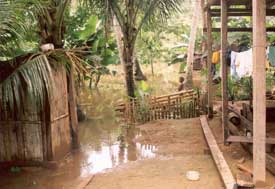 Wooden latrine immersed in shallow flood waters just feet from covered porch
