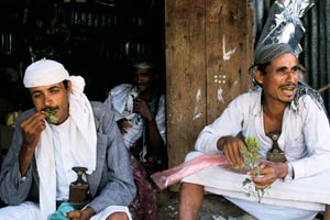 Two men sit in front of wooden hut, one with droopy eyes stuffs handful of khat into his mouth, the other looks off the camera