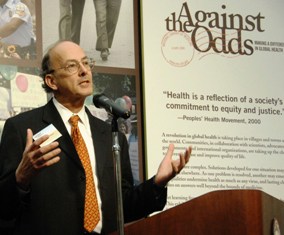 Dr. Roger Glass speaking at the opening of NLM's global health exhibit